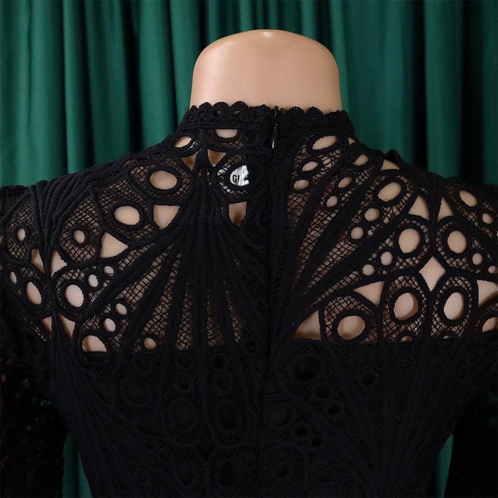 Summer Large Size Lace Hook Flower Sexy Hollow Out Pleated European and American Dress Dress