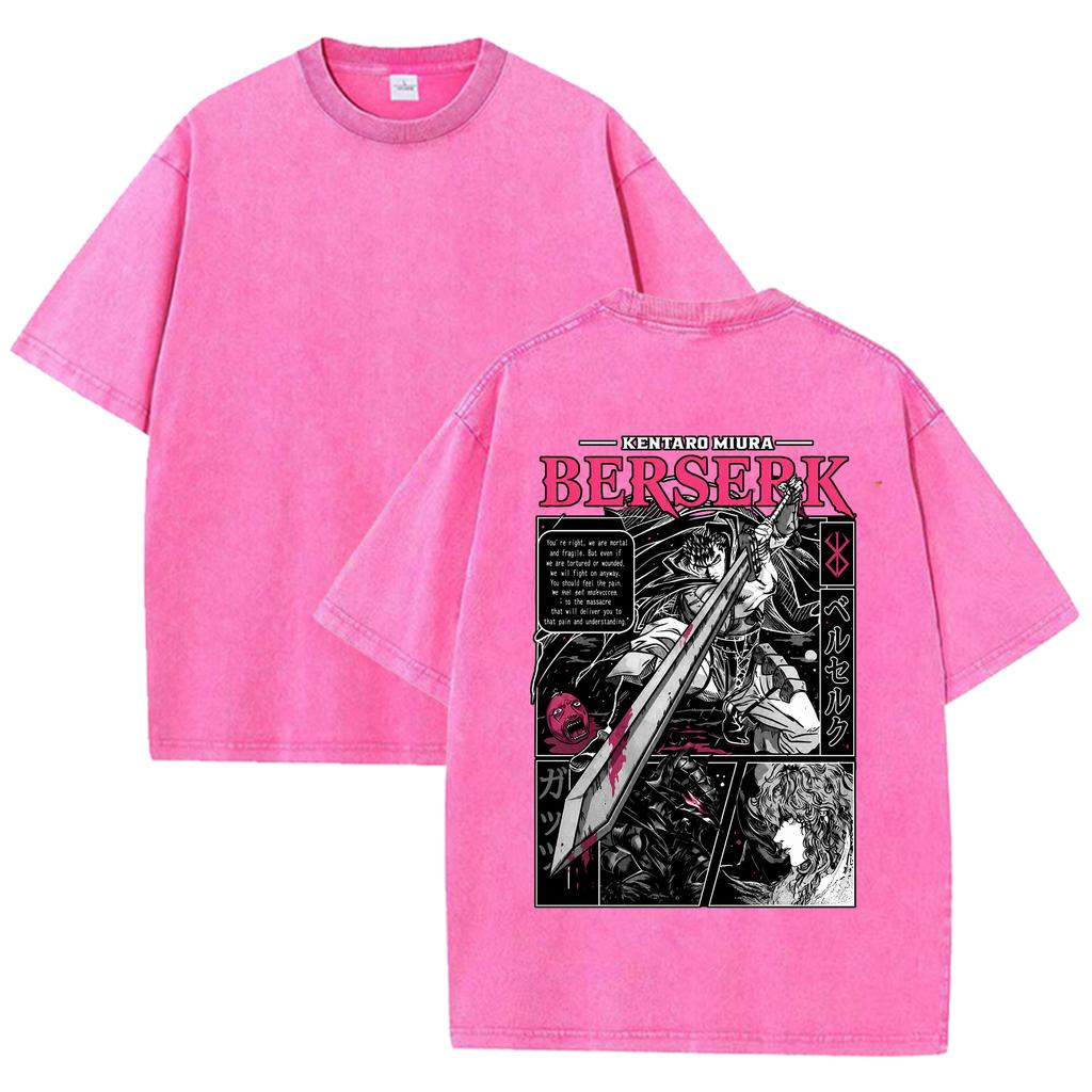 Men Berserk Japanese Anime Graphic T-shirt Vintage Washed Oversized Short Sleeve Top Casual Loose Tees