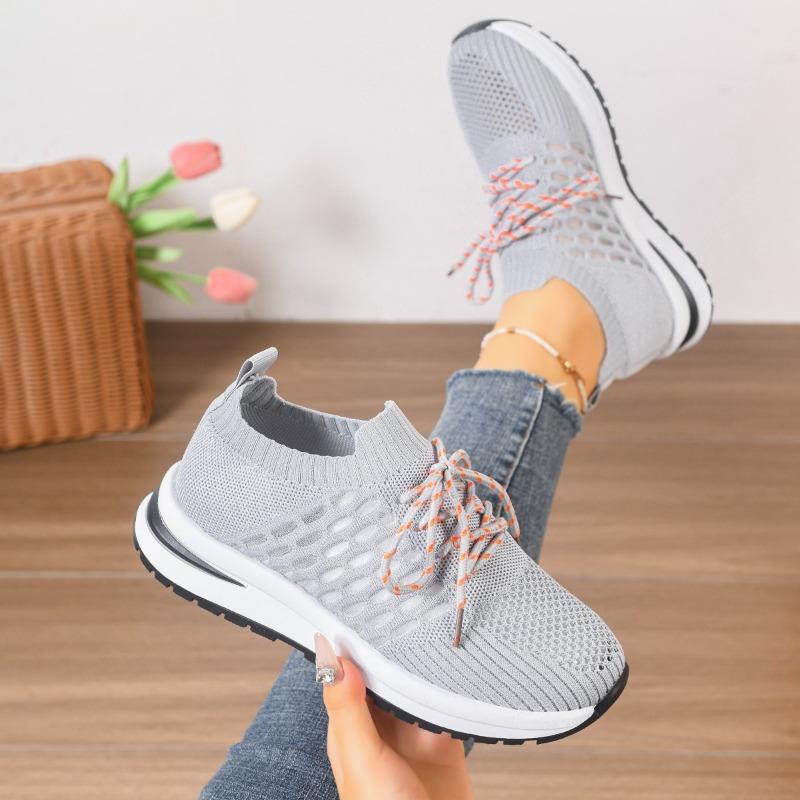 Versatile Comfortable Sneakers Fashion Round Toe Knit Breathable Lace-Up Soft Sole Non-Slip Low Top Single