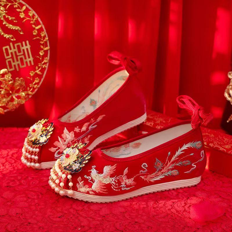 Women's Red Embroidered Wedding Shoes Increased Internal Wedges Shallow Ankle Strap String Bead Tassel Ethnic Style Hanfu Shoes