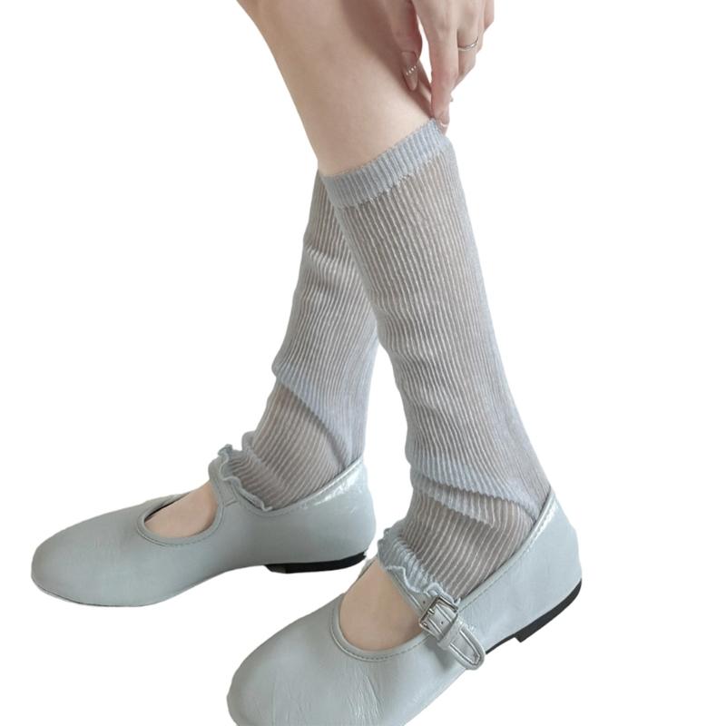 Womens Ruffled Trimmed Knee Length Socks Soft Acrylic Fabric Ribbed Knitted Thin Sheer Leg Warmers Covers For Daily Outfits