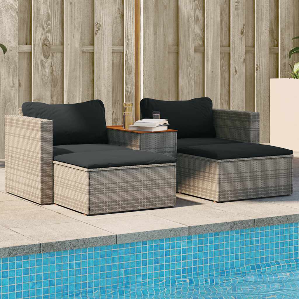 5 Piece Garden Sofa Set with Cushions Grey Poly Rattan & Acacia