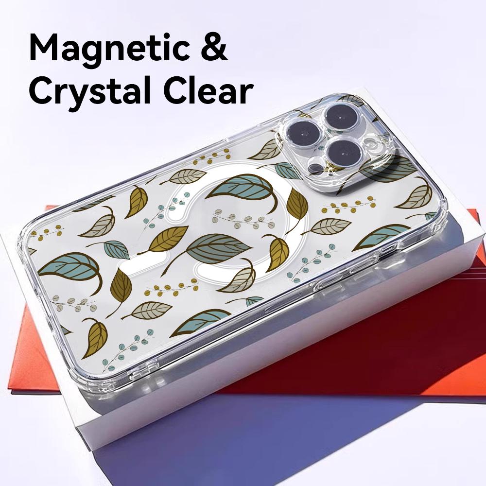Luxury Leafs Phone Case For iPhone 17 16 15 14 13 12 Pro Max Plus With Magnetic Crystal Clear Case Wireless Charge