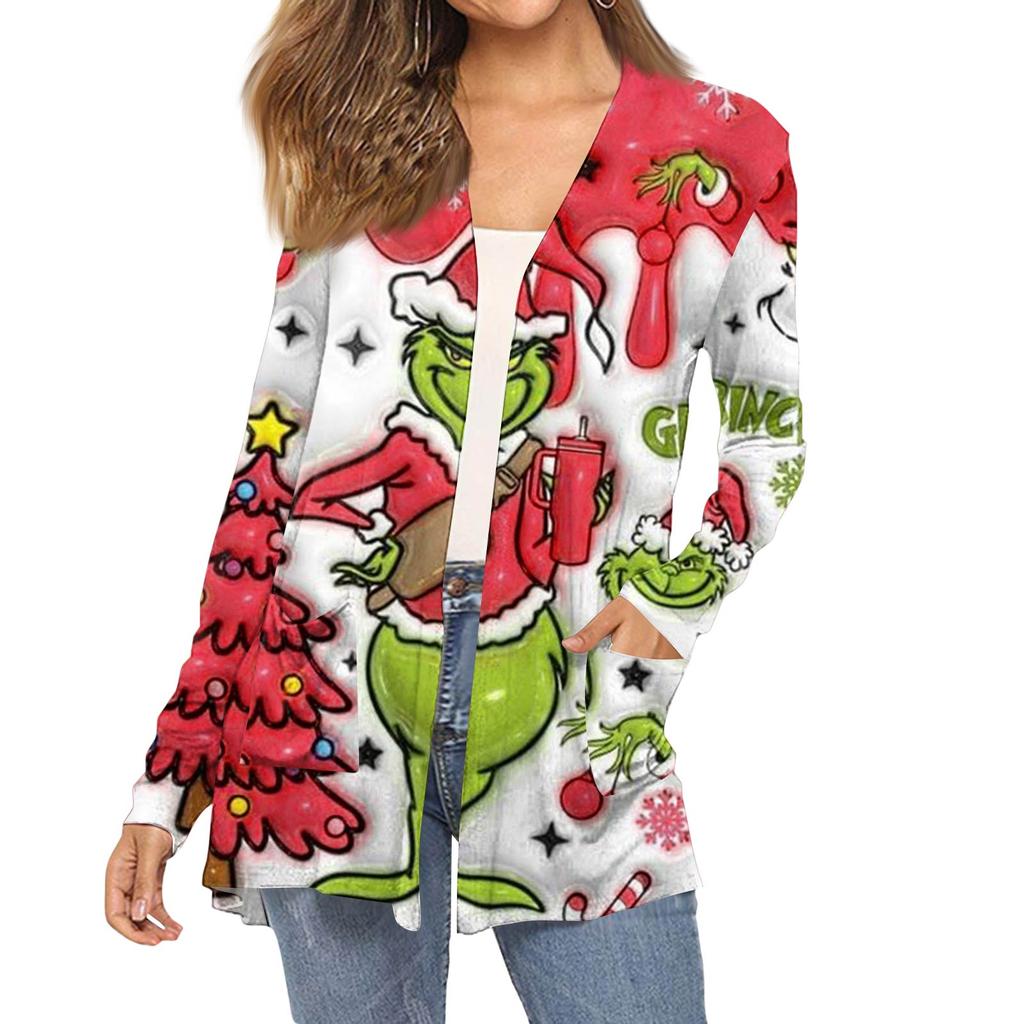 Dámský módní vánoční potisk dlouhý rukáv kapsy slim fit kardigan kabát