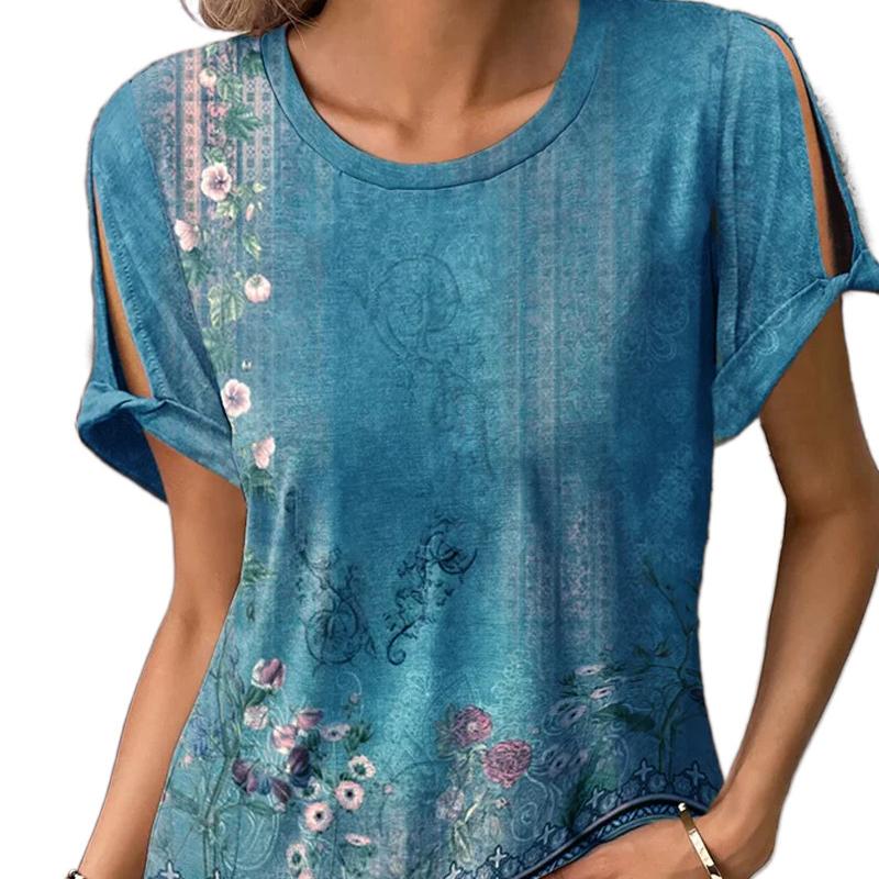 Primavera e verão nova camiseta feminina casual e confortável estilo étnico estampado de manga curta