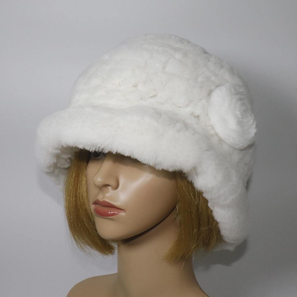 Winter Women Outdoor Knitted Real Rex Rabbit Fur Hat Natural Warm Fur Bucket Hats Girls Fashion Fluffy Real Rex Rabbit Fur Caps