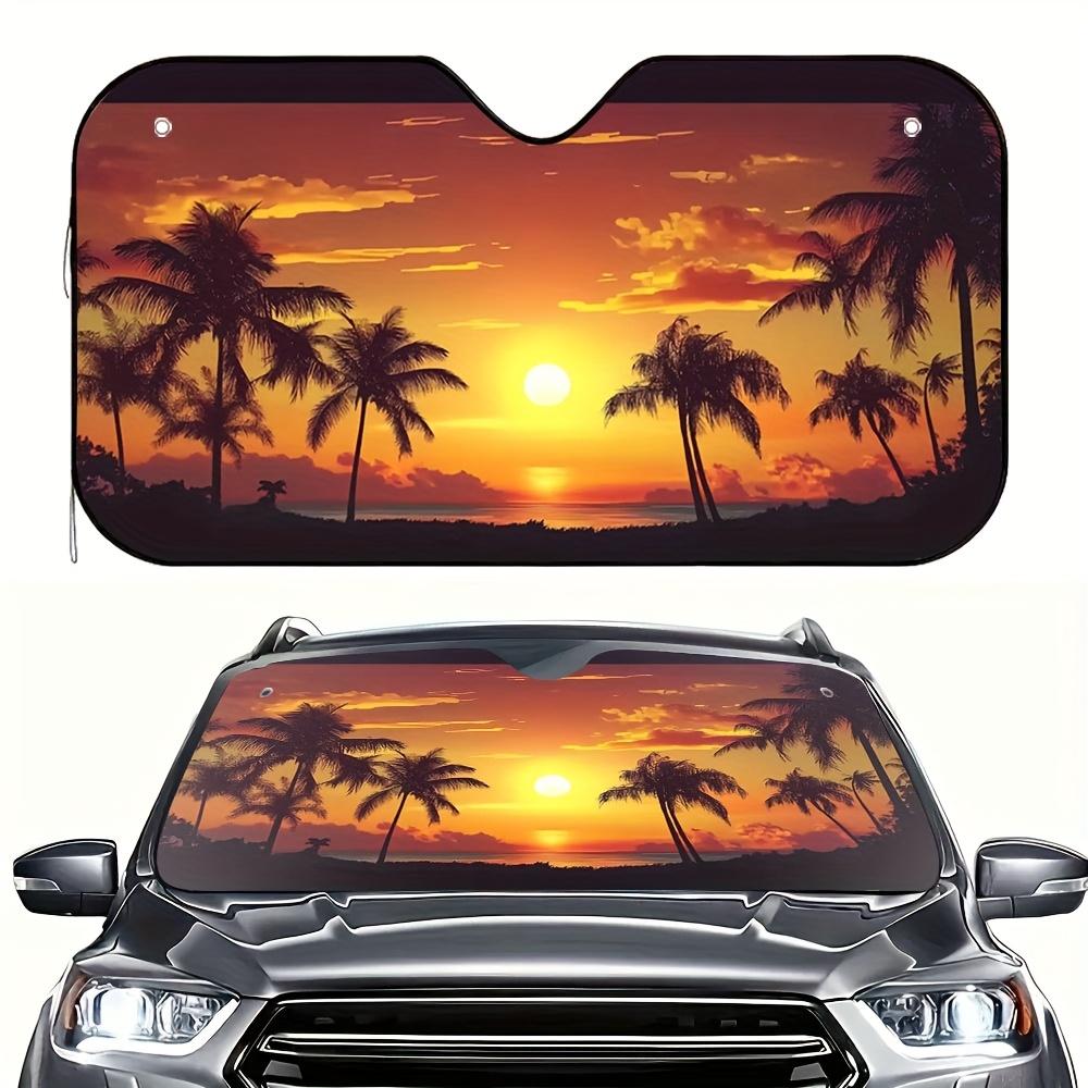 1pc Sunset Coconut Grove Design Car Sunshade - Foldable Fit For SUVs, Sedans, Vans & Trucks, 4 Suction Cups For Easy Installatio