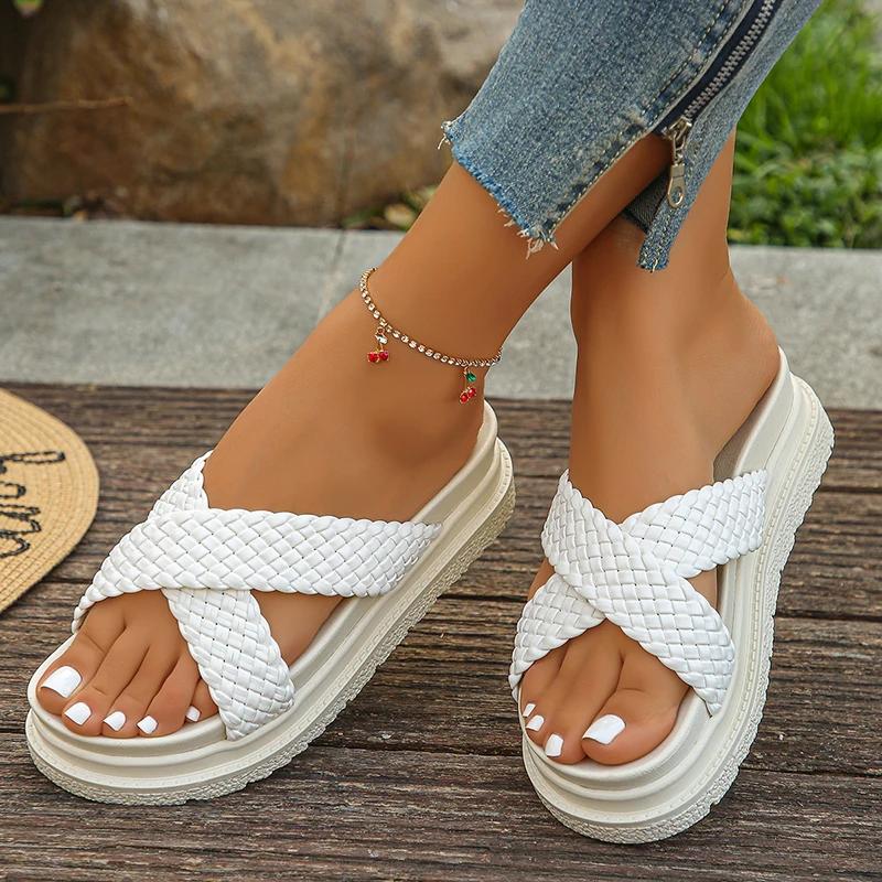 

Fashion Retro Woven Leather Slippers Women Summer Med Heel Thick Bottom Sandals for Ladies Casual Beach Non Slip Flat Slippers Mujer 43 бежевый