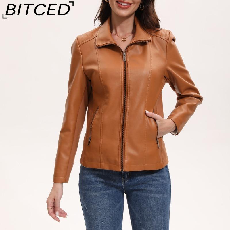 BITCED Fashion Women's Leather Jacket, Short Leather Jacket, Knitted Patchwork Stretch Coat