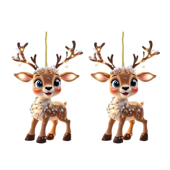 2D Flat Acrylic Elk Pendant Cartoon Deer Car Rearview Mirror Charm Christmas Tree Hanging Decoration for Auto Interior Accessories Holiday Window Wall