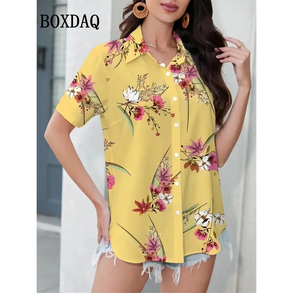 Women's Blouse Short Sleeve Printed Shirts Summer Beach Hawaiian Holidays Lapel Button Casual Fashion Cardigan Blouse Tops