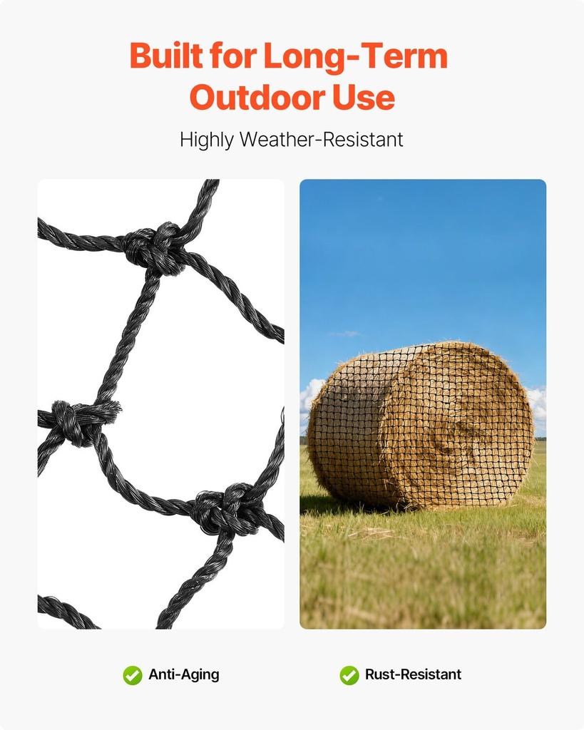 Round Bale Hay Net, 1.5 x 1.5 x 1.5 m, 44.45 x 44.45 mm Holes, PE Material, Reinforced Knotted Design, with Zip Ties, Needle Shuttle, and Repair