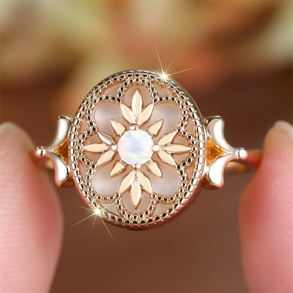 Trendy Flower White Opal Round Stone Rings For Women Vintage Gold Color Engagement Bands Wedding