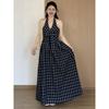 Plus-Size Women's French-Style Plaid Bow-Tie Halter Dress 2026 Summer Fashion Slimming Dress