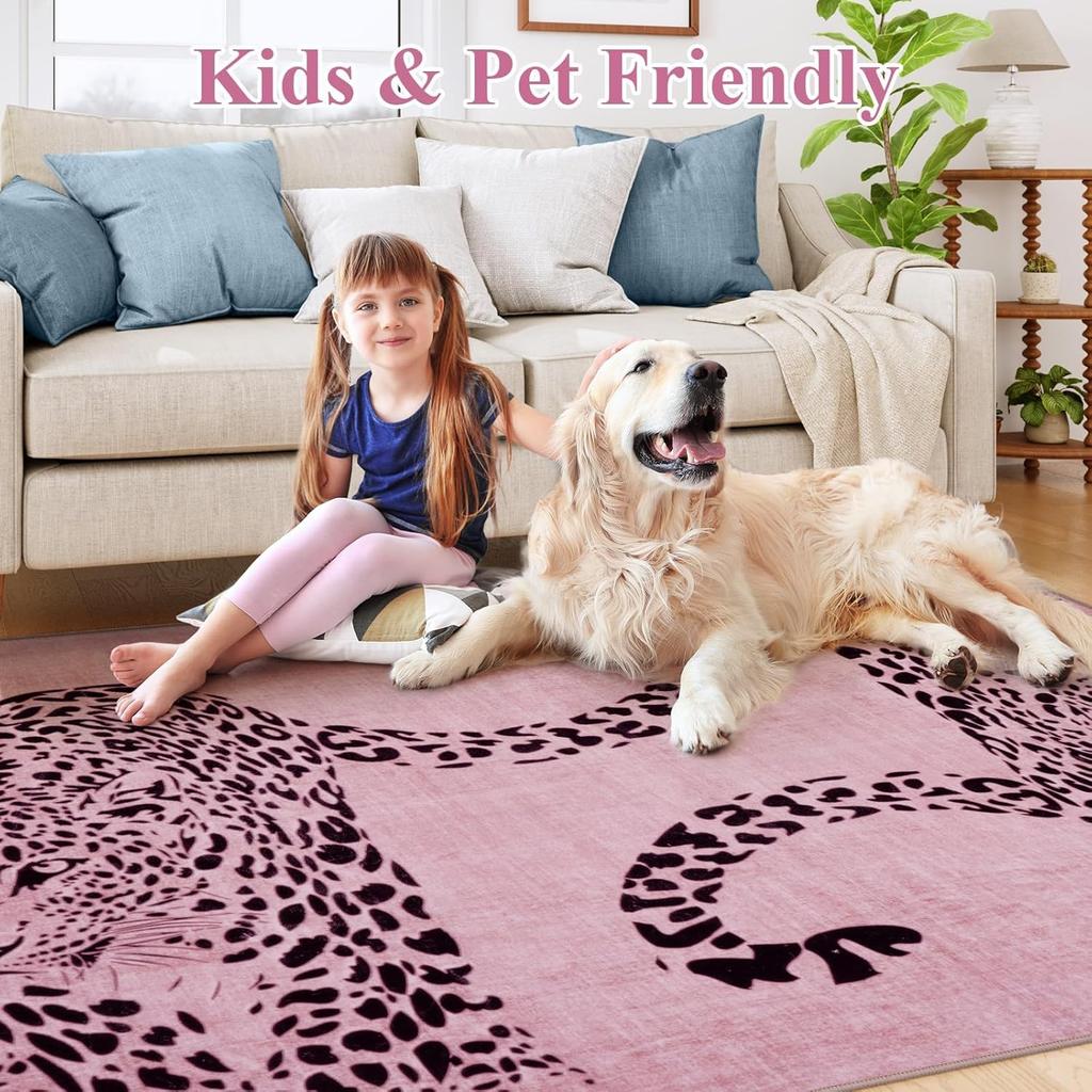 Minimalist Leopard Silhouette Themed Rug,Anti-Slip Mat with Blush Pink Base Living Room Bedroom,Chic Exotic Decorative Carpet