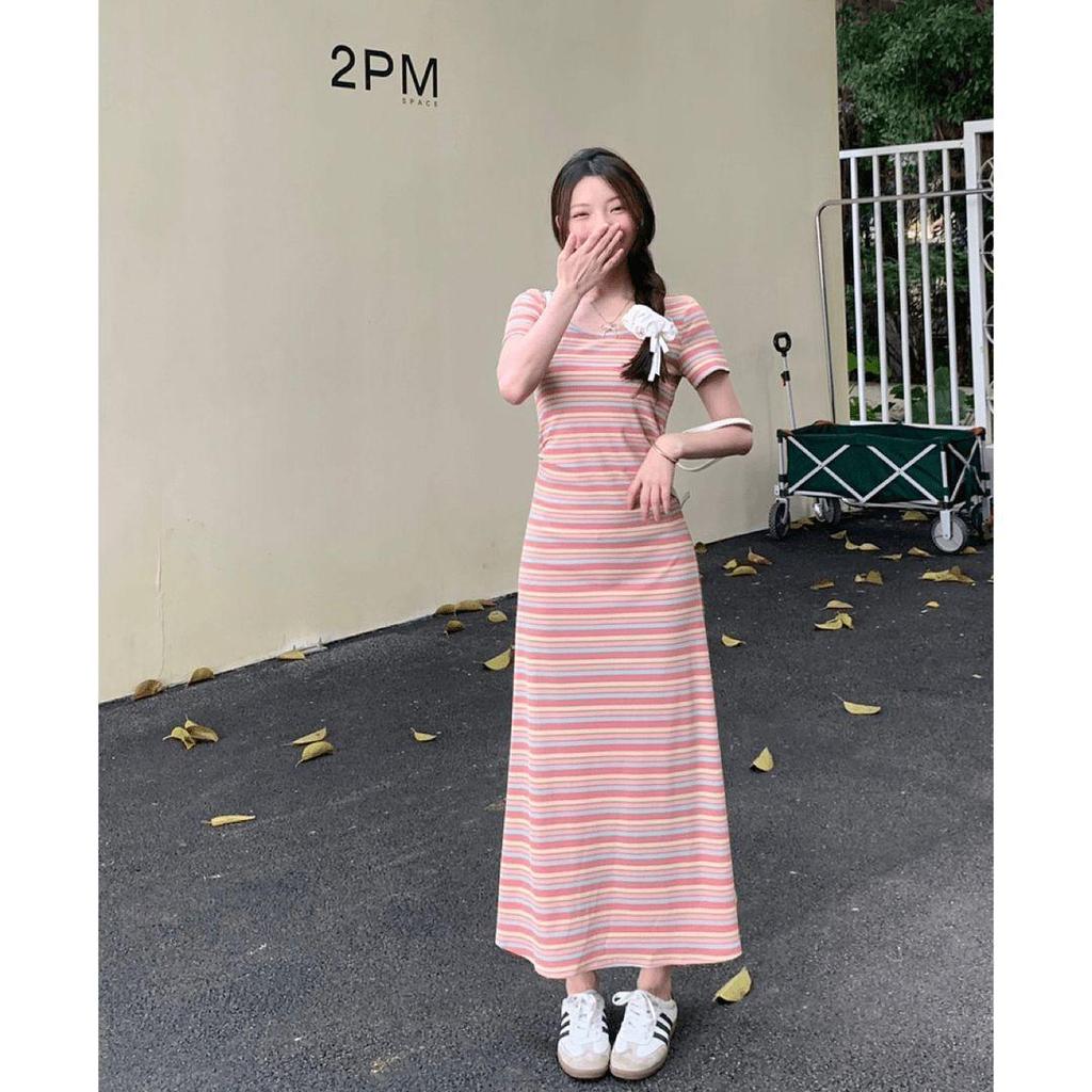 2026 Elegant Slimming French Rainbow Stripe Long Dress