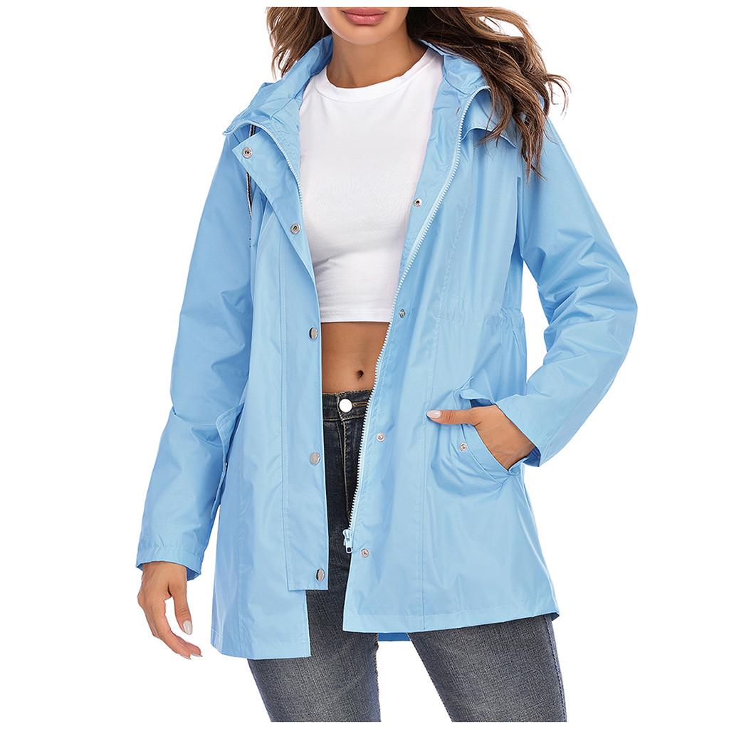 Women Hooded Waterproof Zipper Mid-length Windproof Waterproof Raincoat Jacket