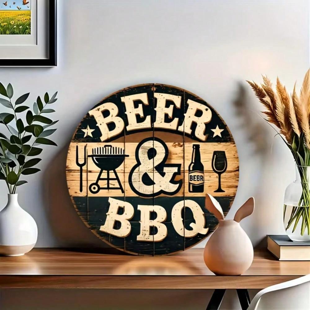 Round Barbecue Metal Wall Art - Rustic Iron Grill Decor - Holiday Tin Sign Ornament