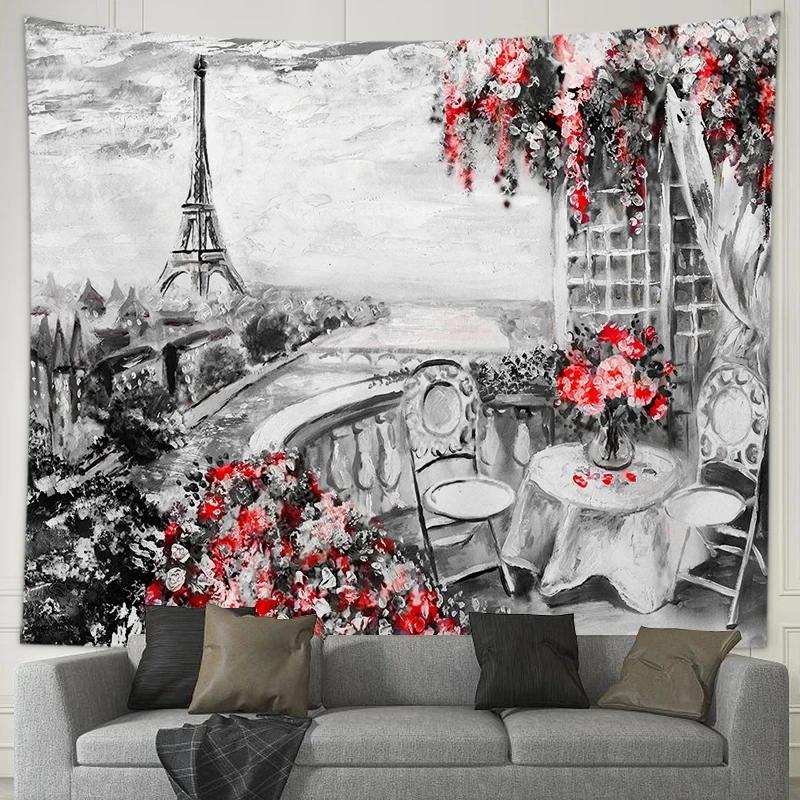 Romantic Couple Lovers Tapestry Eiffel Tower Big Ben Tapestry Wall Hanging Maple Rose Decorated Home Bedroom Living Room Dorm