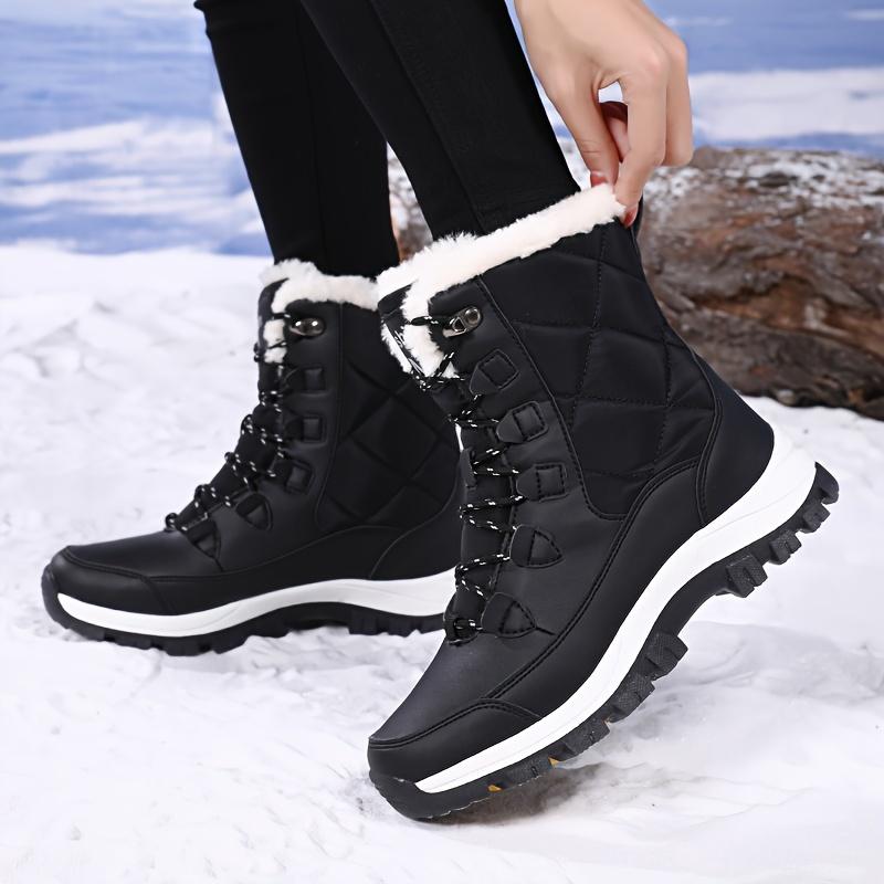 Women's High-Top Snow Boots, Solid Color, Round Toe, Warm Plush Lining, Anti-Slip Rubber Sole, Durable Fabric Insole, Man-Made Upper - Casual Footwear