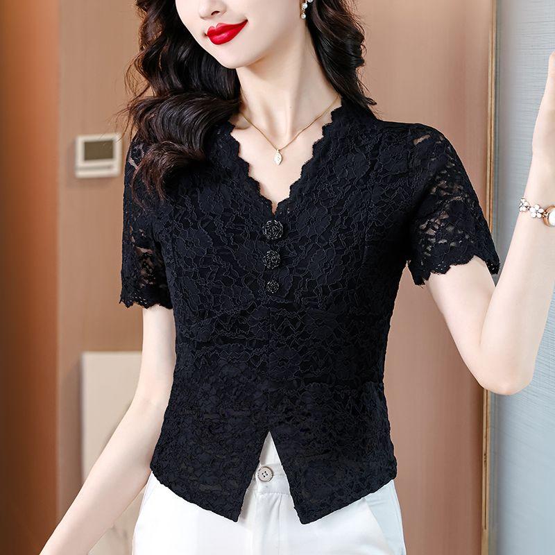 

Temperament V-neck Short-sleeved Lace Shirt Fashionable Hollow Top for Women in Summer New Slim and Versatile Shirt L чёрный