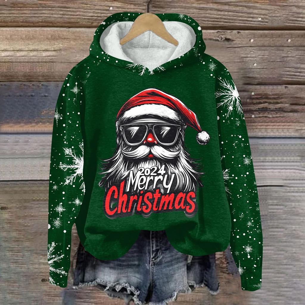 Dammode Pullover Djup Ärm Jul Tryckt Huvtröja