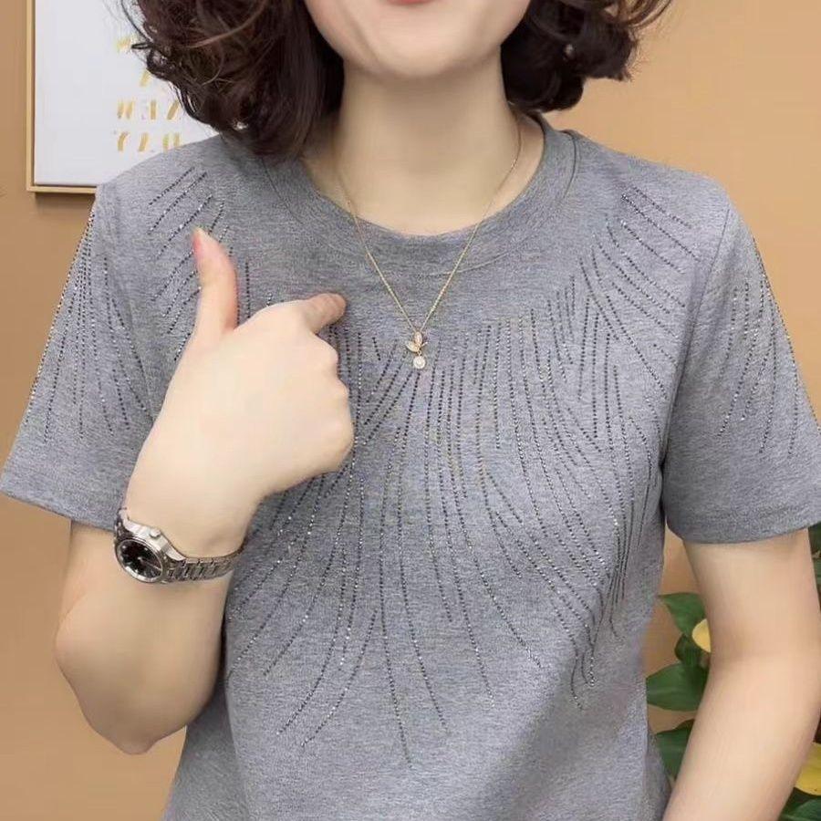Middle-aged Short-sleeved T-shirt Women's Summer Western Style Solid Color Round Neck Casual