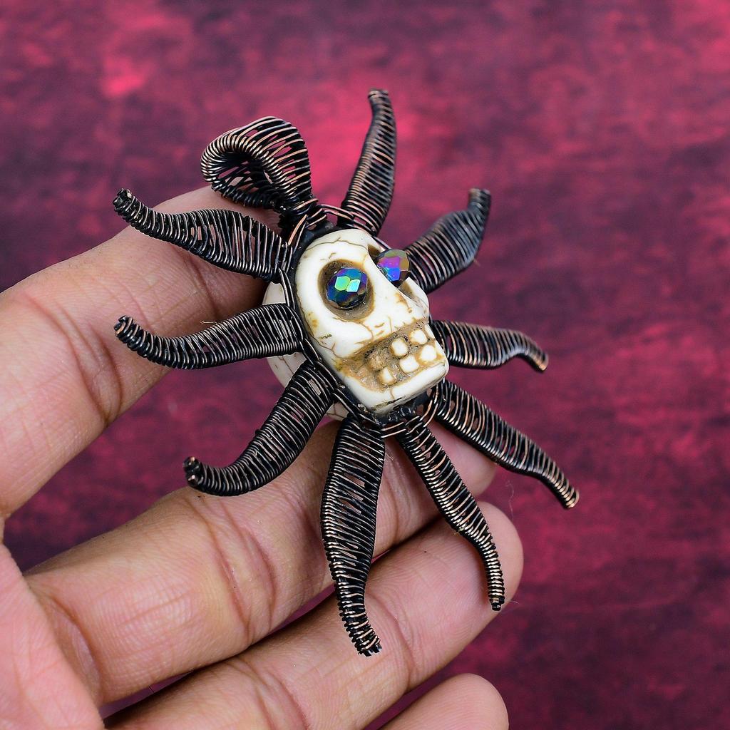 Howlite Copper Wire Wrapped Pendant Titanium Bead Eyes & Skull Bone Face Jewelry Gemstone Pendant