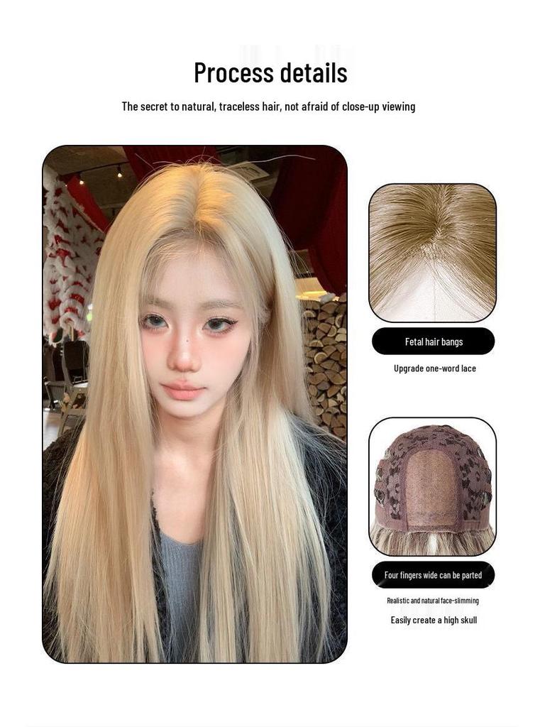 Spitzenfront-Perücke im koreanischen Stil für Damen - Milchtee-Reisgrau, Lang, Gerade, Modisch, Gesichtsformend, Mittelscheitel.