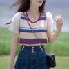Summer New Striped Pullover Color Fashionable Design Sense Versatile Splicing Knitted Top Women's Chiffon Sleeves Round Neck Small Shirt Trendy