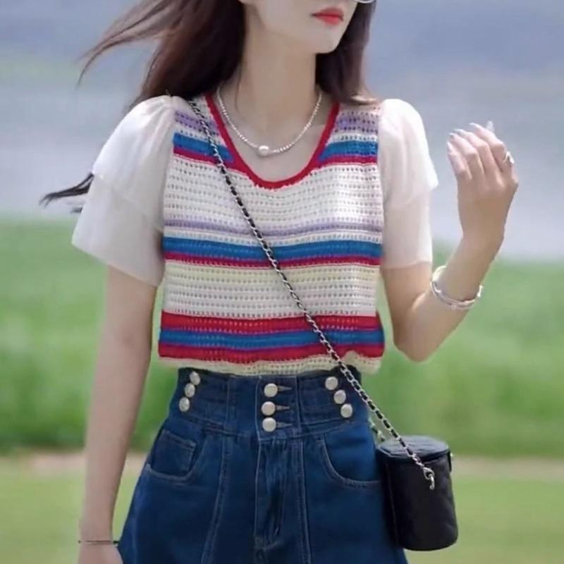 Summer New Striped Pullover Color Fashionable Design Sense Versatile Splicing Knitted Top Women's Chiffon Sleeves Round Neck Small Shirt Trendy
