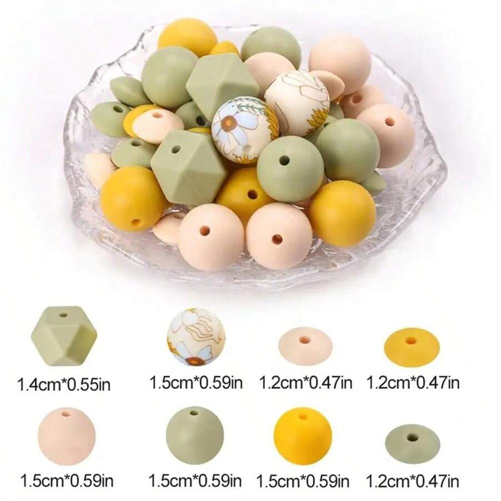 49PCS Bohemian style printed silicone beads, suitable for DIY handicrafts, creative keychains, bracelets, necklaces, etc