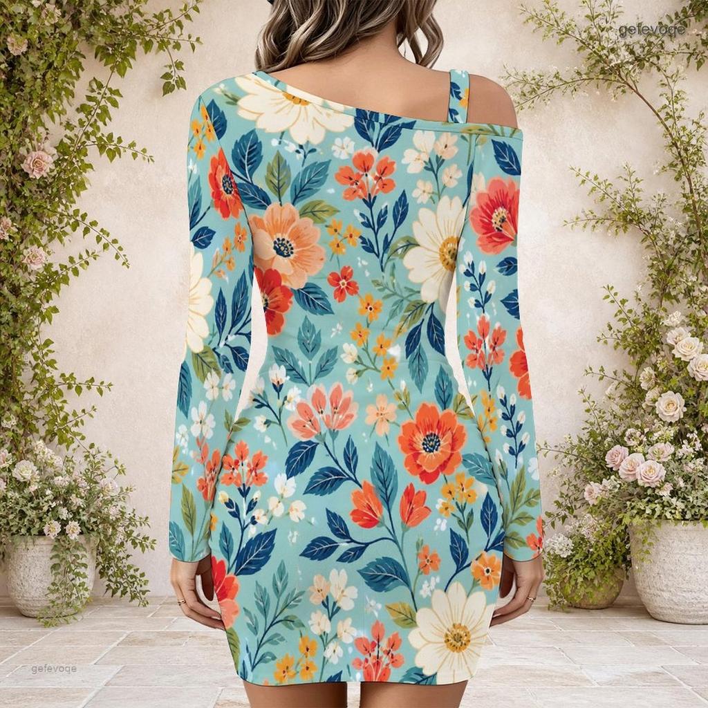 Ladies Plus Size One Side Off Shoulder Long Sleeve Dress