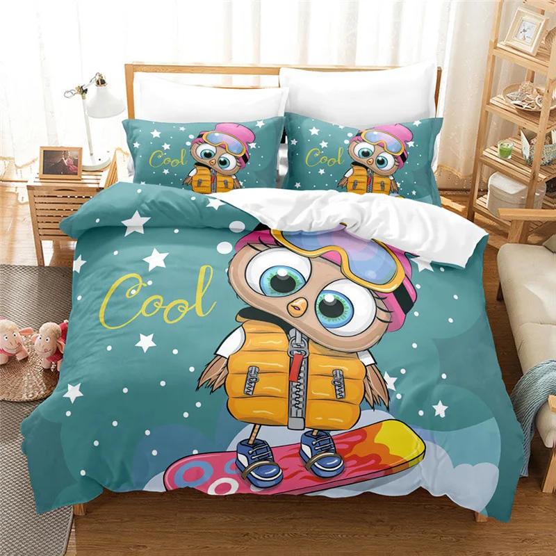 Kawaii Cartoon Owl Duvet Cover Set Full Queen King Size Owl Bedding Set for Girls Boys Brown Owl Cartoon Animal Comforter Cover