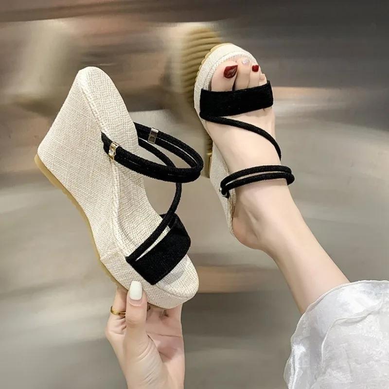 Sandals Sexy Fashion Thick Bottom Open Toe Buckle Strap Black High Heels Woman Shoes Summer 2024 35-42 Large Size