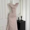 Women's Satin Maxi Dress Beige One Shoulder Ruched Slim Fit Evening Party Gown