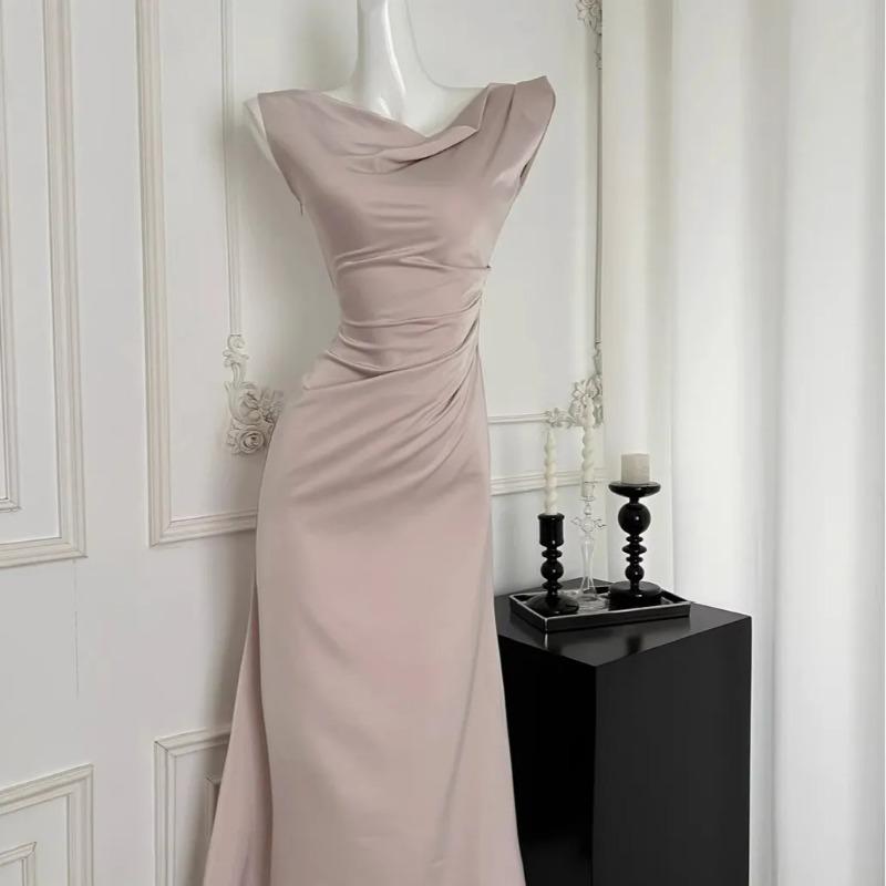 Women's Satin Maxi Dress Beige One Shoulder Ruched Slim Fit Evening Party Gown
