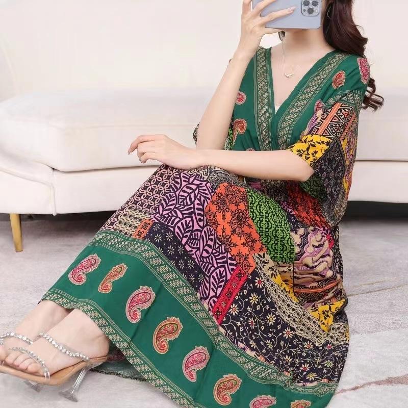 Ethnic Style V-neck Cotton and Silk Short-sleeved Beach Dress Thailand Travel Dress Summer Print Vacation Floral Skirt