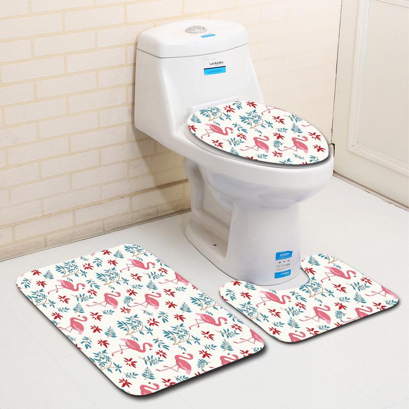 European And American Style Pink Cute Animal Flamingo Floor Mat Carpet Girl Heart Hand-Painted Illustration Toilet Three-Piece Set