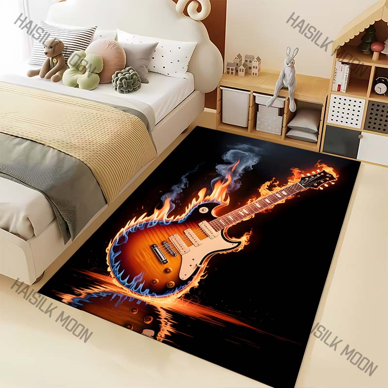 Flaming Electric Guitar Smoke Reflection Print Carpet for Living Room Bedroom Sofa Home Decor Rus Non-slip Floor Mat Luxury Gift