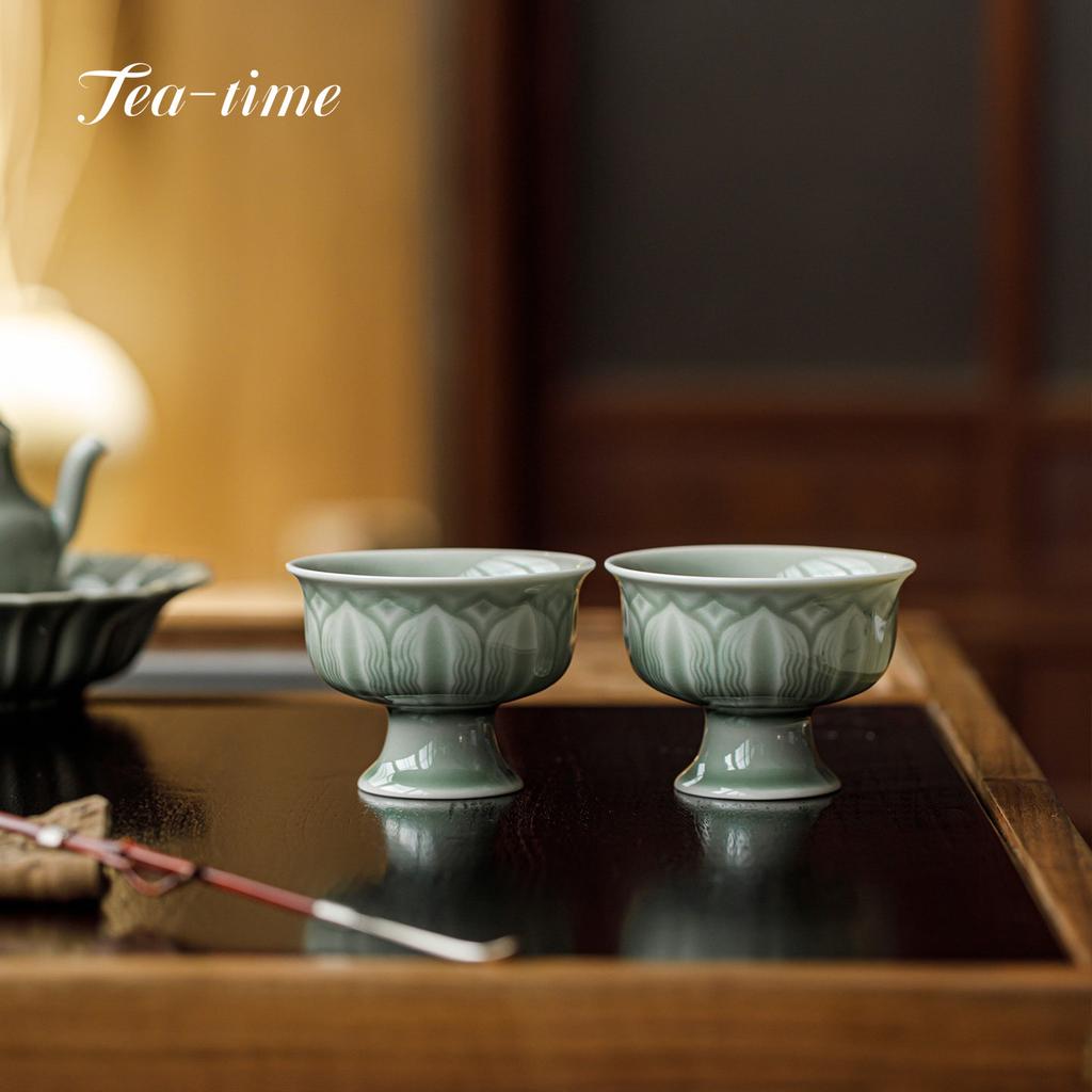 Yue Kiln Celadon Ceramic Tea Cup High-feet Handmade Lotus Petal Cups Tea Bowl Teacup Teacups Pair Puera Ceremony Maker Unusual