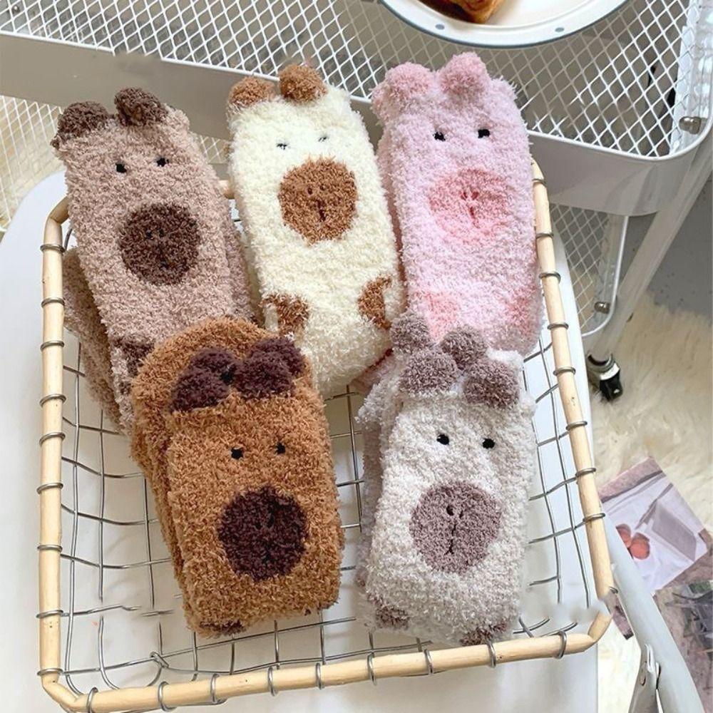 5Pairs Warm Coral Fleece Socks Plush Sleeping Socks Women Sweet Capybara Fleece Socks  Women