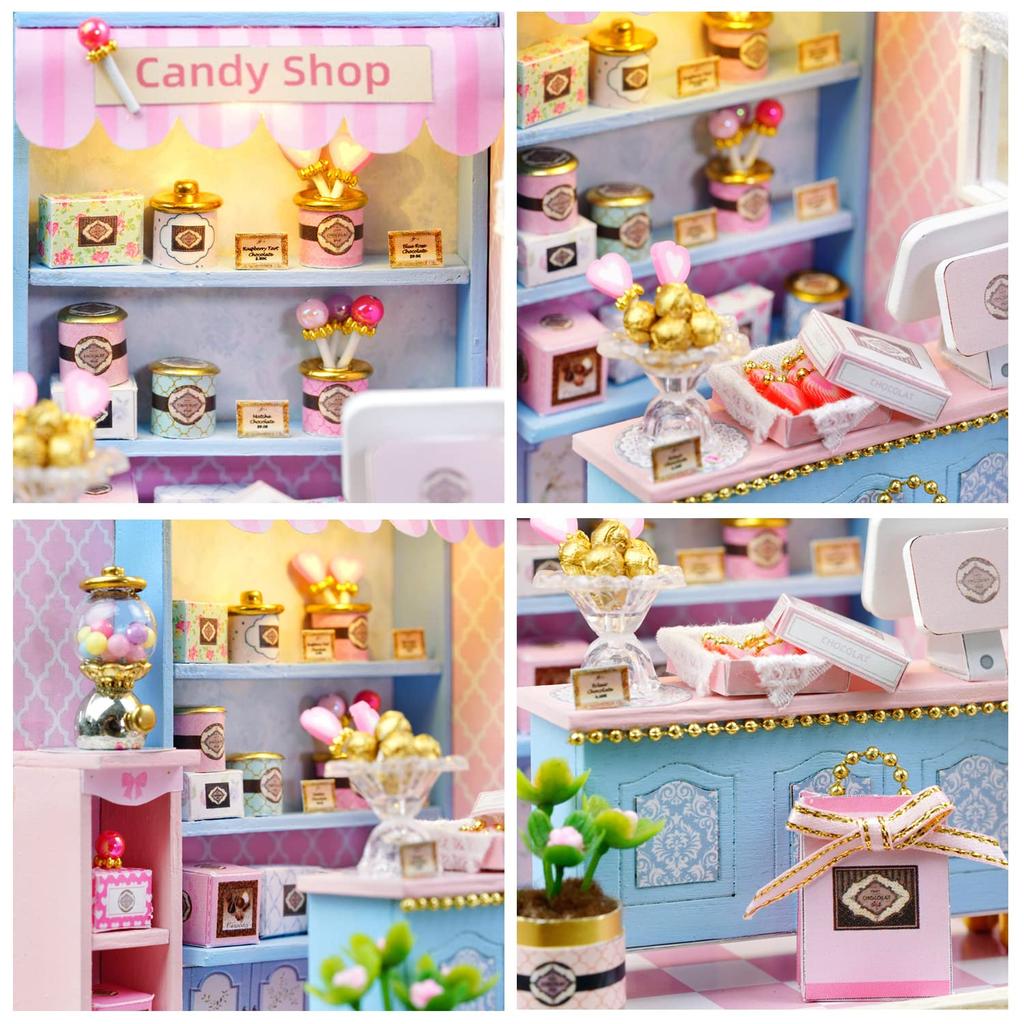 CUTEROOM DIY Dollhouse Miniature Handmade Kit Set with Flower and Sweet Easy English Beautiful Candy Shop Realistic LED Dustproof Display Cover