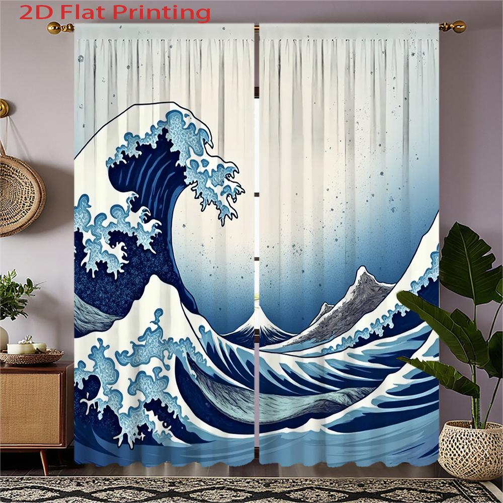 

2D Flat - 2pcs 2D Flat Printing Blue and White Wave Japanese Style Curtains | Flannel Fabric Semi-Sheer Polyester Rod Pocket 100*130 Grommet Top 1pcs