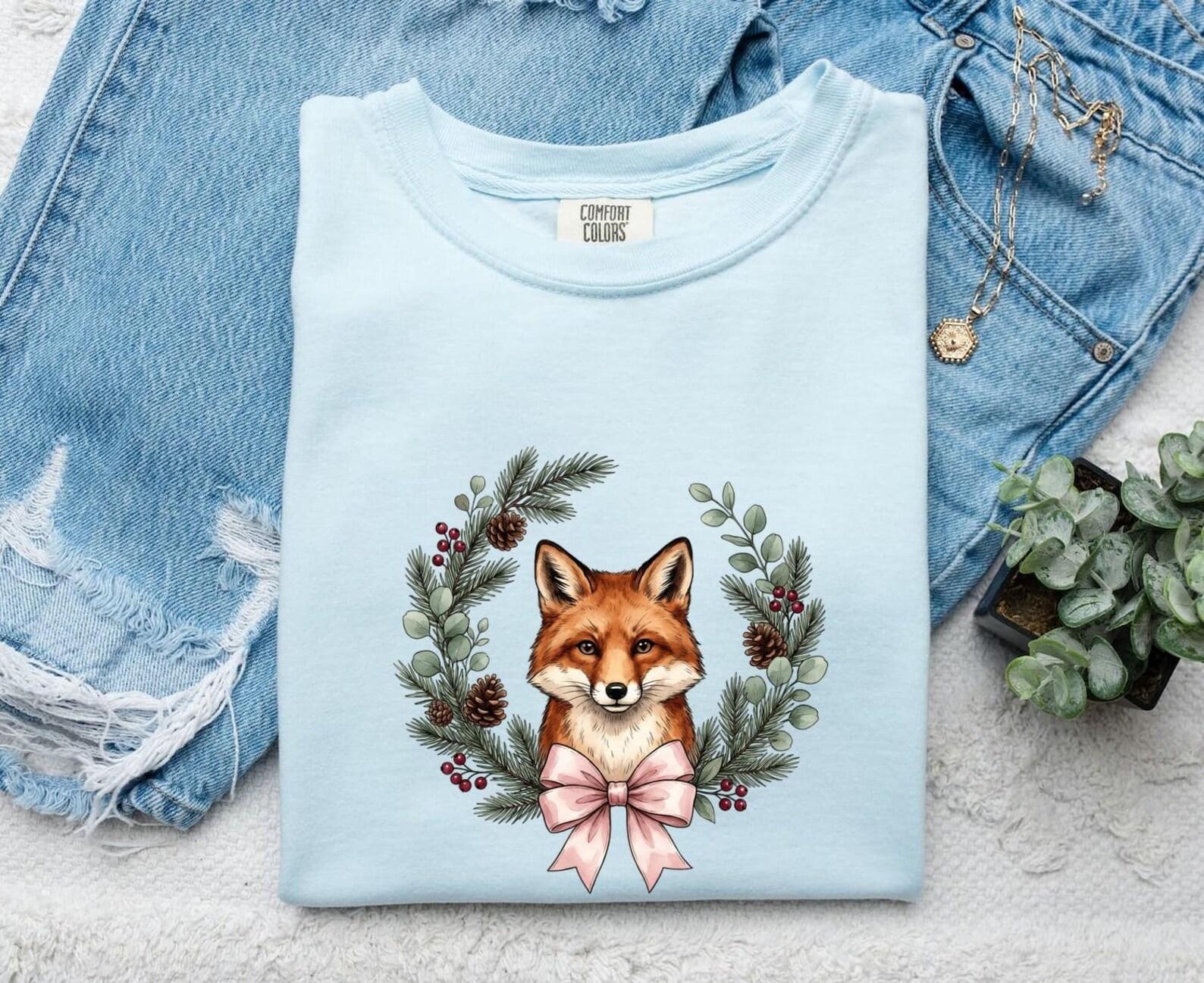 Fox Wreath Shirt Christmas Woodland Gift Women Botanical Tee Wreath T-Shirt Xmas Fan Floral Tshirt Forest Graphic Vintage Pinecone Tshirt L