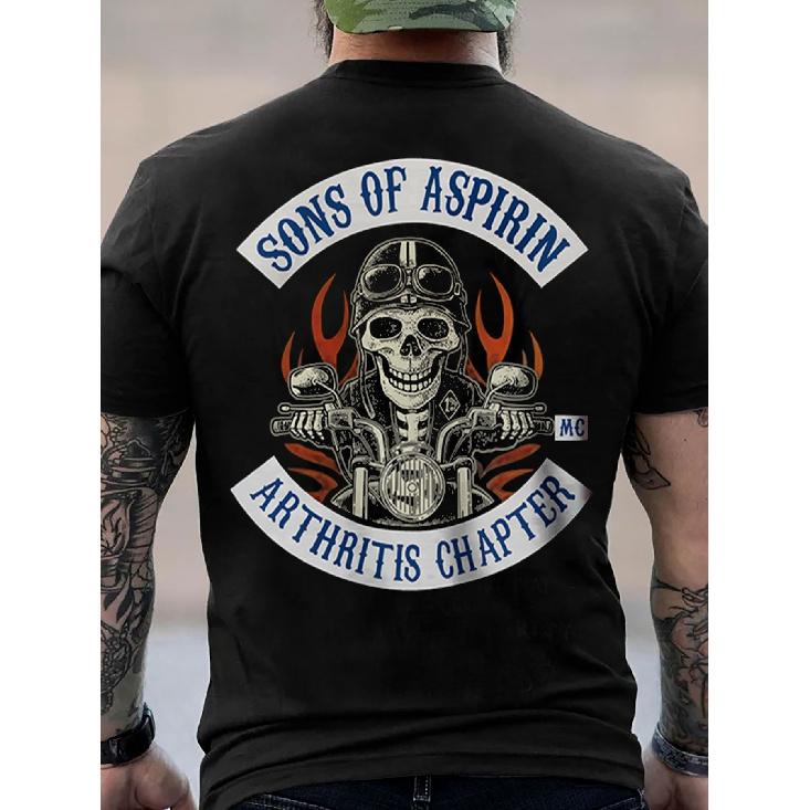 1pc Sons of Aspirin Arthritis Chapter Motorcycle Biker T-Shirt - Vintage Graphic Tee with Skull & Flames Design, Breathable Cotton, Loose Fit 6XL чёрный