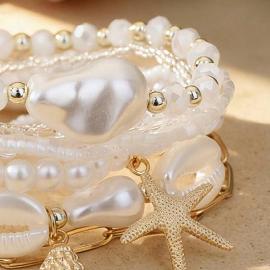Summer Beach Bracelet for Women Faux Pearl Seashell Starfish Boho Layered Beaded Bracelets Handmade Stretch Bracelet