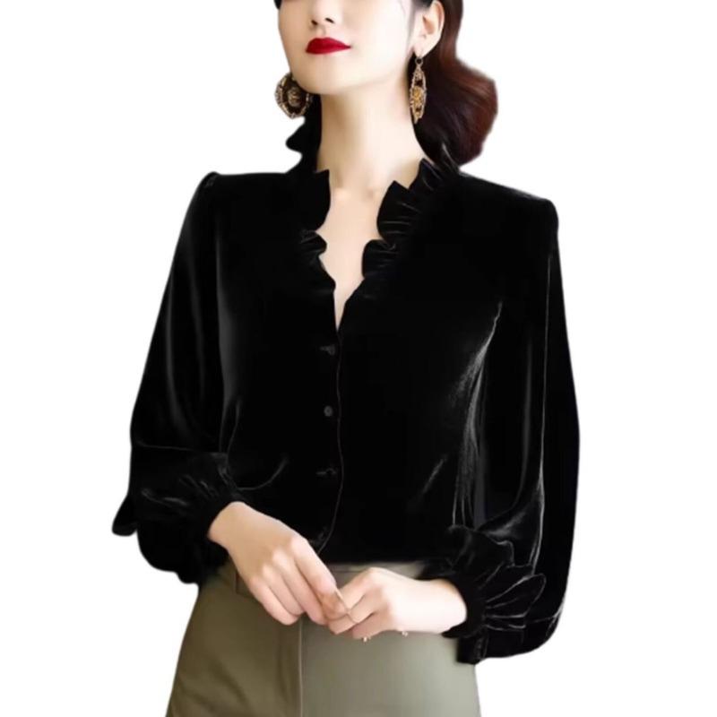 French Retro Gold Velvet Spliced Top Autumn Winter New Long-sleeved Celebrity Shirt