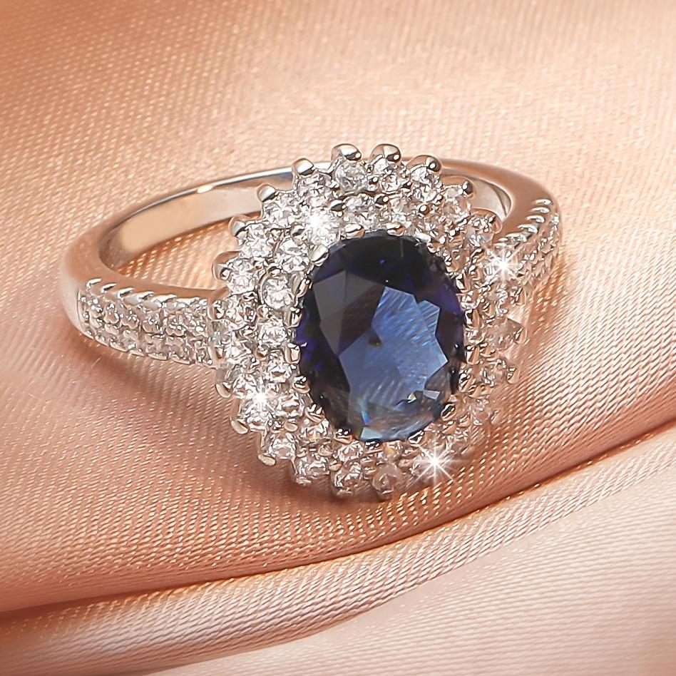 Elegant Women's Blue Glass Zirconia Halo Ring - Sophisticated Copper Wedding Band with Crystal Accents, Ideal for Daily Wear & Gifting, Perfect Valent