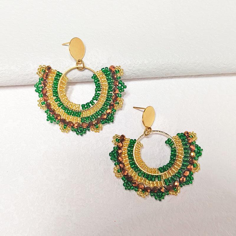 Handmade Ethnic Fan-Shaped Beaded Earrings - Unique, Light Luxury Style for Women